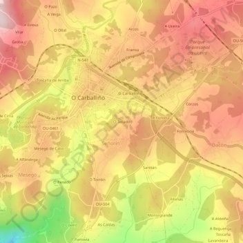 O Tellado topographic map, elevation, terrain