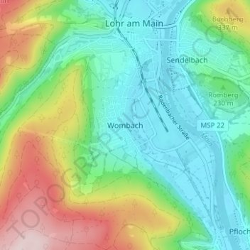 Wombach topographic map, elevation, terrain
