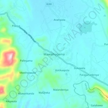 Mawathagama topographic map, elevation, terrain