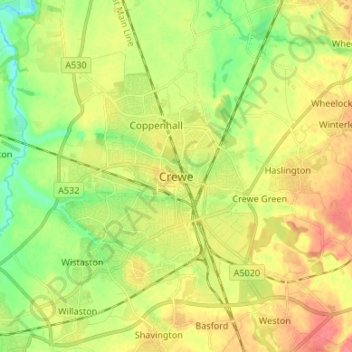 Crewe topographic map, elevation, terrain