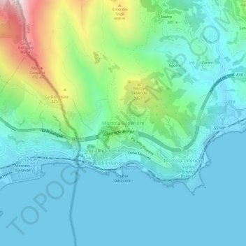 Mortola Superiore topographic map, elevation, terrain