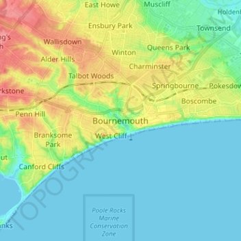 Bournemouth topographic map, elevation, terrain