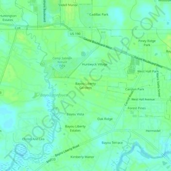 Bayou Liberty Gardens topographic map, elevation, terrain