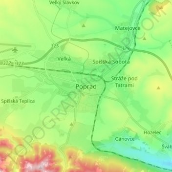 Poprad topographic map, elevation, terrain