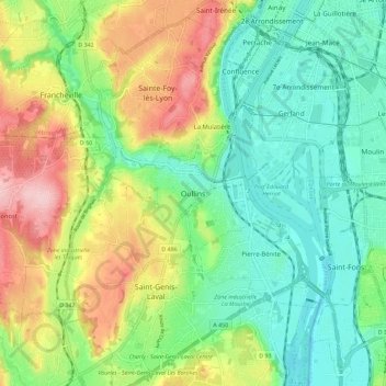 Oullins topographic map, elevation, terrain