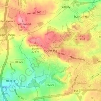 Huthwaite topographic map, elevation, terrain