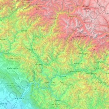 Tehri-Garhwal topographic map, elevation, terrain