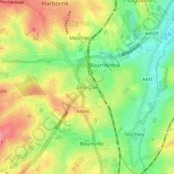 Selly Oak topographic map, elevation, terrain