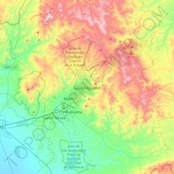 Guanajuato City topographic map, elevation, terrain