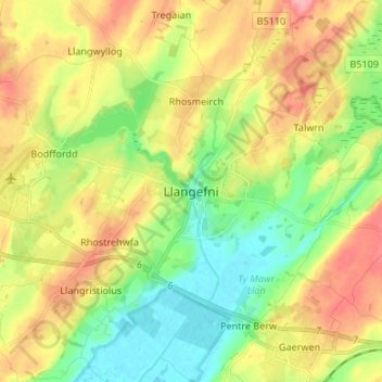 Llangefni topographic map, elevation, terrain