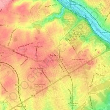 Bala Cynwyd topographic map, elevation, terrain