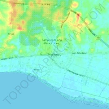 Merlimau topographic map, elevation, terrain