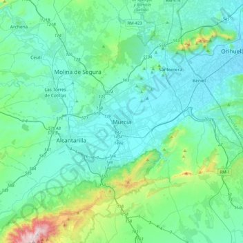 Murcia topographic map, elevation, terrain