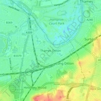 Thames Ditton topographic map, elevation, terrain