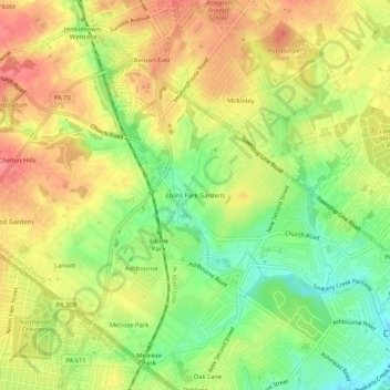 Elkins Park Gardens topographic map, elevation, terrain