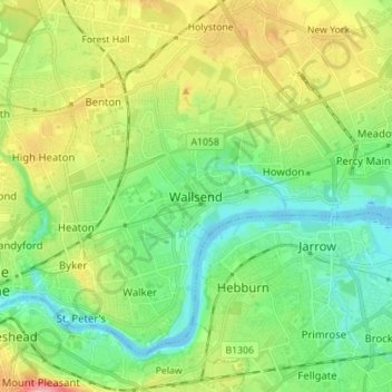 Wallsend topographic map, elevation, terrain