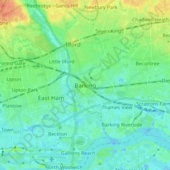 Barking topographic map, elevation, terrain