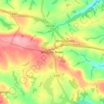 Whiddon Down topographic map, elevation, terrain