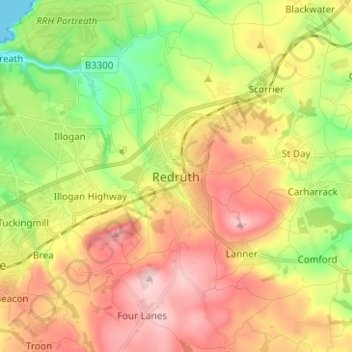 Redruth topographic map, elevation, terrain