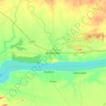 Maheshwar topographic map, elevation, terrain