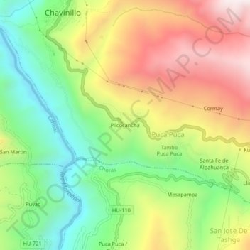 Pilcocancha topographic map, elevation, terrain