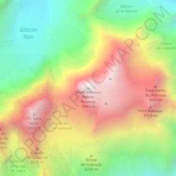 Mont Pelvoux Pointe Puiseux topographic map, elevation, terrain