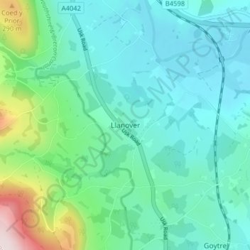 Llanover topographic map, elevation, terrain