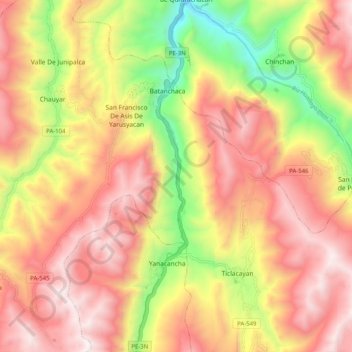 Río Huallaga topographic map, elevation, terrain