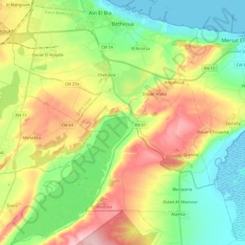 Bethioua topographic map, elevation, terrain