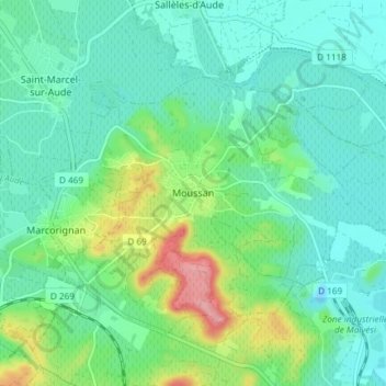 Moussan topographic map, elevation, terrain