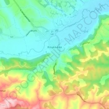 Koceljeva topographic map, elevation, terrain