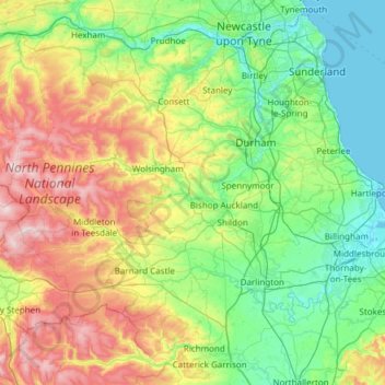 County Durham topographic map, elevation, terrain
