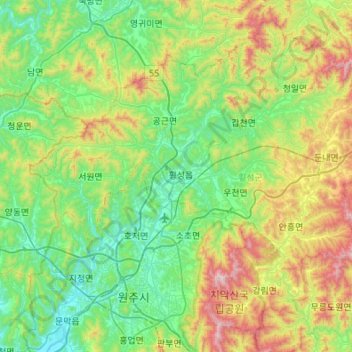 Hoengseong-gun topographic map, elevation, terrain