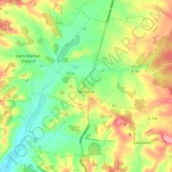 Verteillac topographic map, elevation, terrain