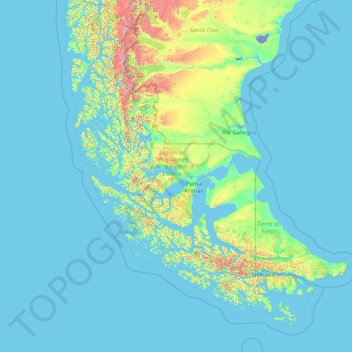 Region of Magallanes and Chilean Antarctica topographic map, elevation, terrain