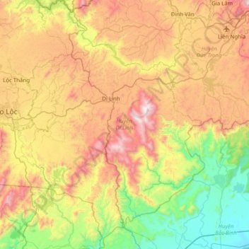 Di Linh District topographic map, elevation, terrain