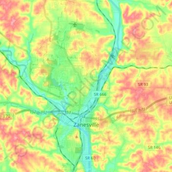 Zanesville topographic map, elevation, terrain