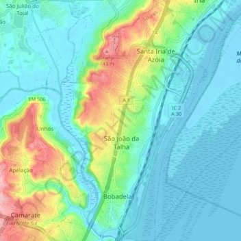Santa Iria de Azoia, São João da Talha e Bobadela topographic map, elevation, terrain