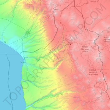 Región de Arica y Parinacota topographic map, elevation, terrain