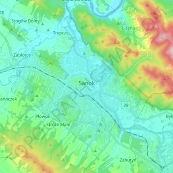 Sanok topographic map, elevation, terrain