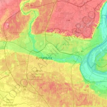 Bydgoszcz topographic map, elevation, terrain