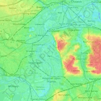 London Borough of Richmond upon Thames topographic map, elevation, terrain