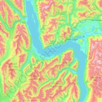 Lake Wakatipu topographic map, elevation, terrain