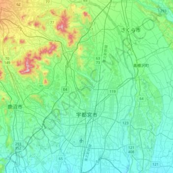 Utsunomiya topographic map, elevation, terrain