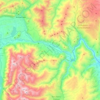 Kawarau River topographic map, elevation, terrain