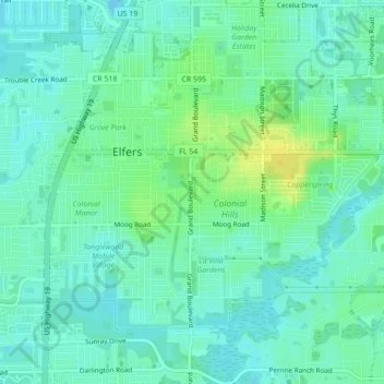 Elfers topographic map, elevation, terrain